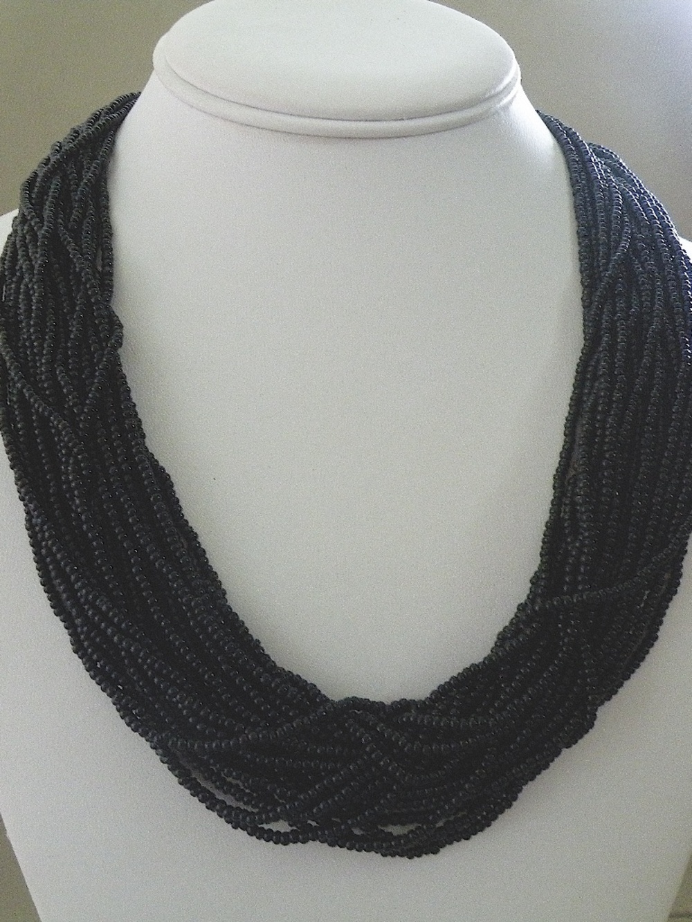 Vintage Chunky Thick Jet Black Seed Bead Multi Strand Twist Torsade Necklace